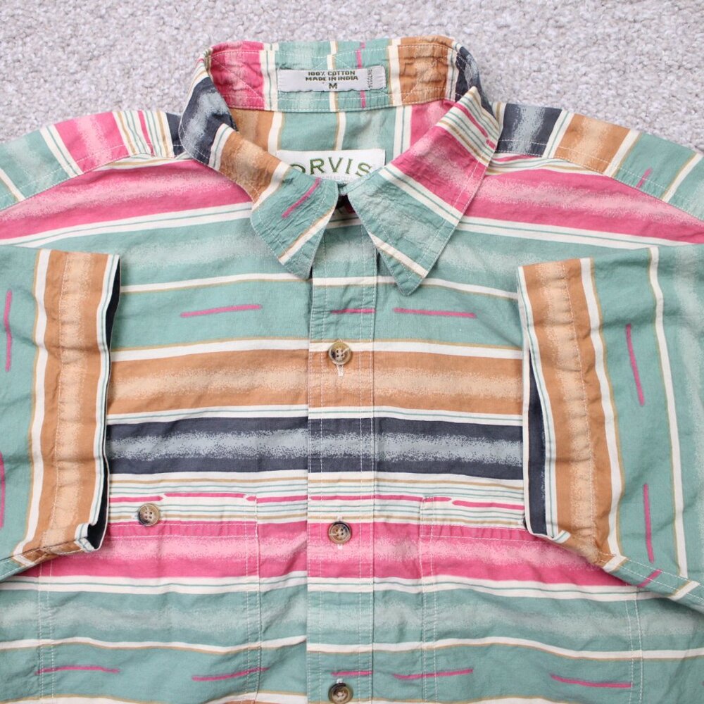Orvis Shirt Mens Medium Green/Pink Striped 100% Cotton Short Sleeve Button - Picture 1 of 10